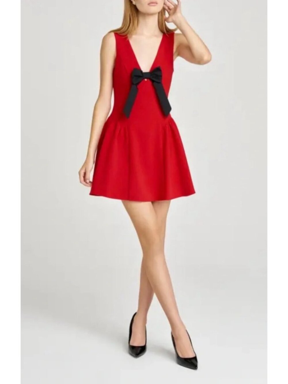 WAYF Ariana Bow Fit & Flare Minidress Red & Black V-Neck Sleeveless Party M NWT